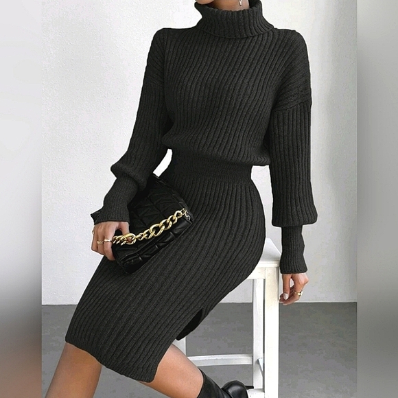 NEW Luxe Ribbed Knit Turtleneck Sweater Dress Long Sleeve Black - Picture 7 of 9